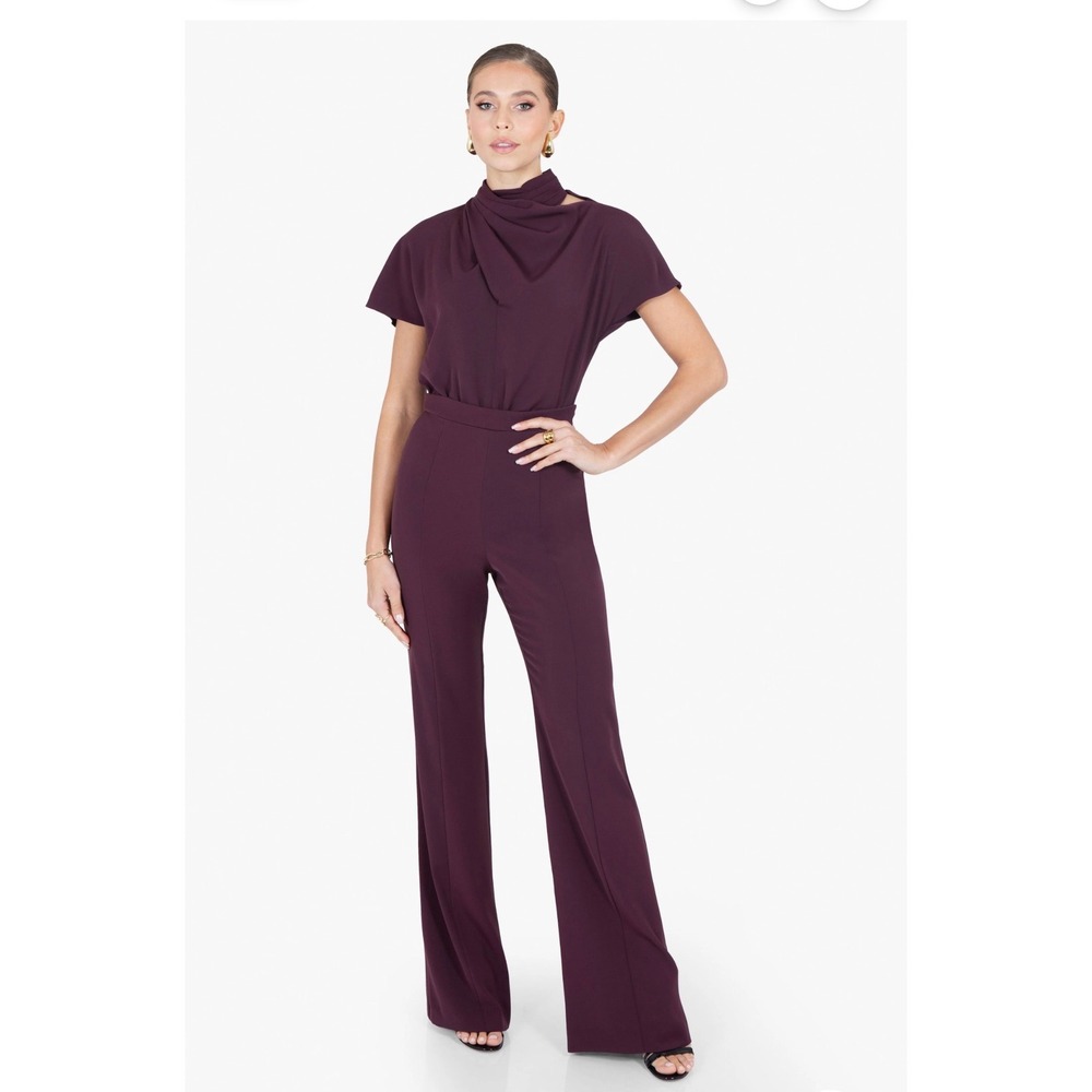 NWT $435 Black Halo Estella Jumpsuit Oxblood Draped Mock Neck High Waist Sz‎ 2 - Picture 2 of 15